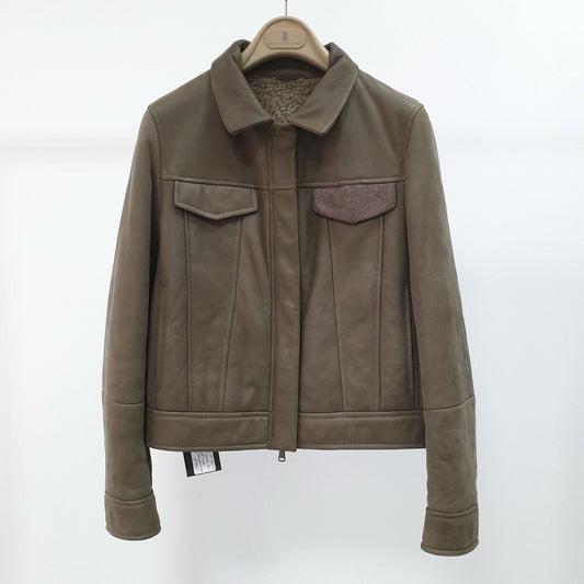 Brunello Cucinelli  Brown Grey Shearling Leather Jacket Sz.38