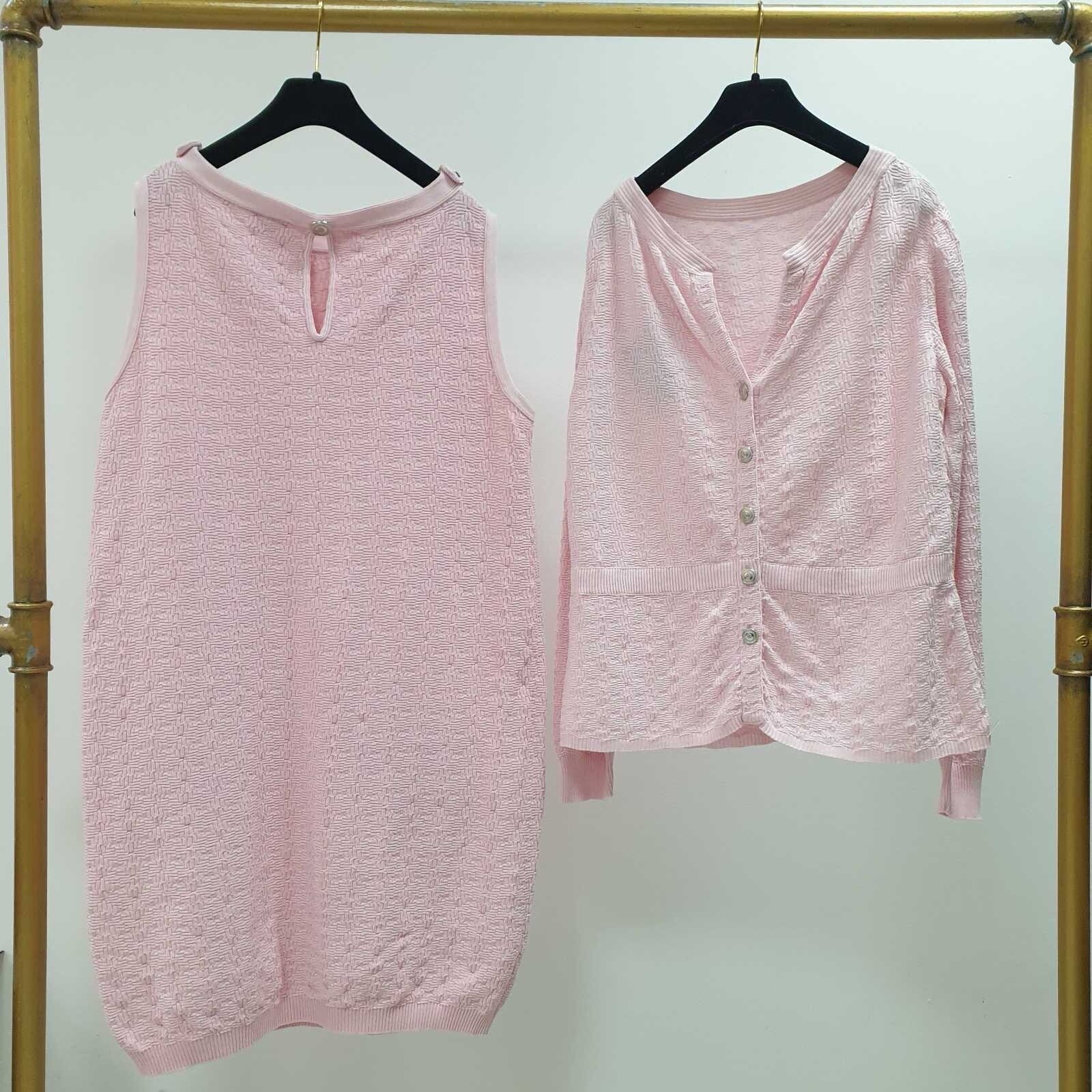 CHANEL 2014 Pink Cotton Dress Cardigan Suit Set  Sz.44-46