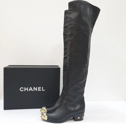 Chanel Black Leather Paris Dallas Metal Cap Toe Thigh High Boots/Bootie Sz. 36.5