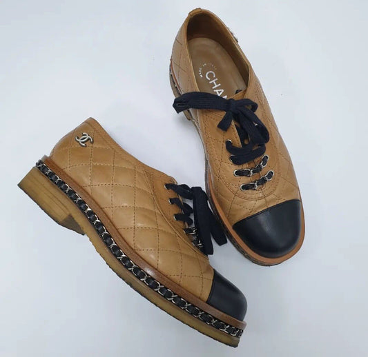Chanel  Quilted Leather Chain Embellished Cap Toe Oxfords Sz.37.5