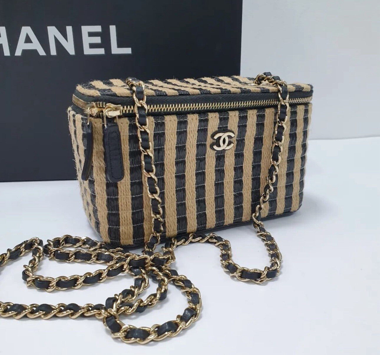 Chanel Vanity Chain Raffia Jute Thread Black Beige Bag