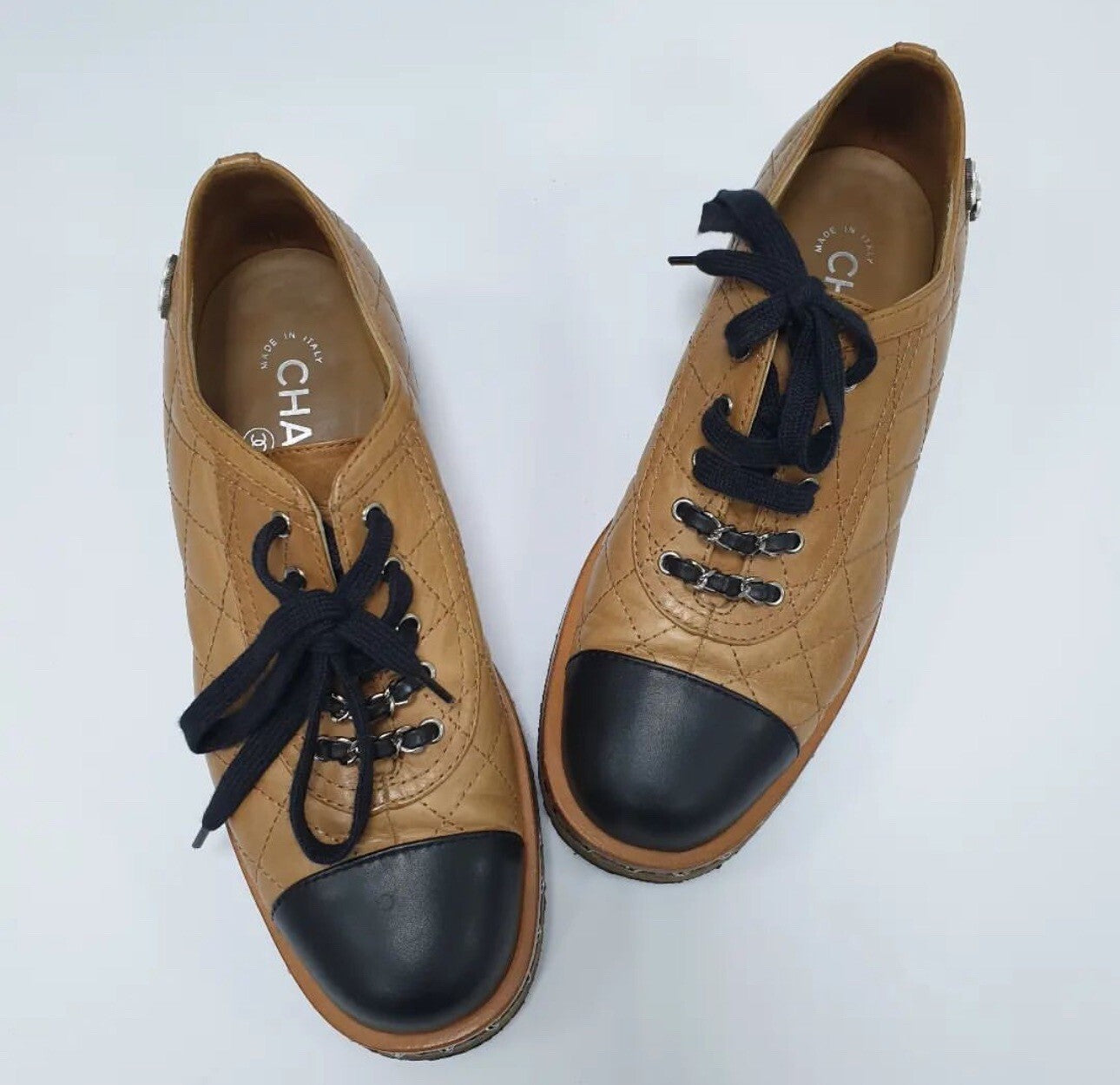 Chanel  Quilted Leather Chain Embellished Cap Toe Oxfords Sz.37.5