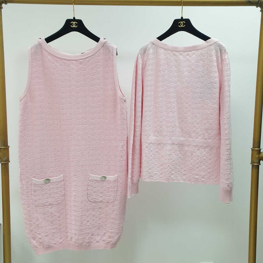 CHANEL 2014 Pink Cotton Dress Cardigan Suit Set  Sz.44-46