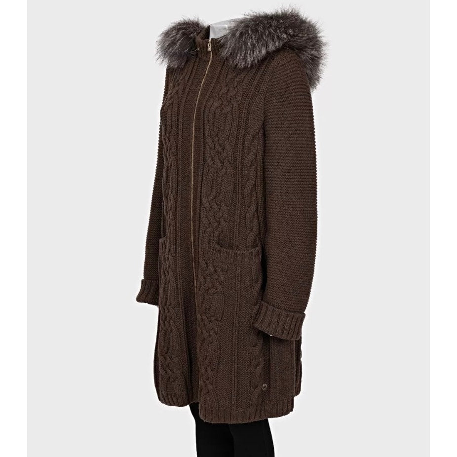 Loro Piana Cashmere Hooded Faux Fox Fur Trim Cardigan Coat 4XL Pre-owned