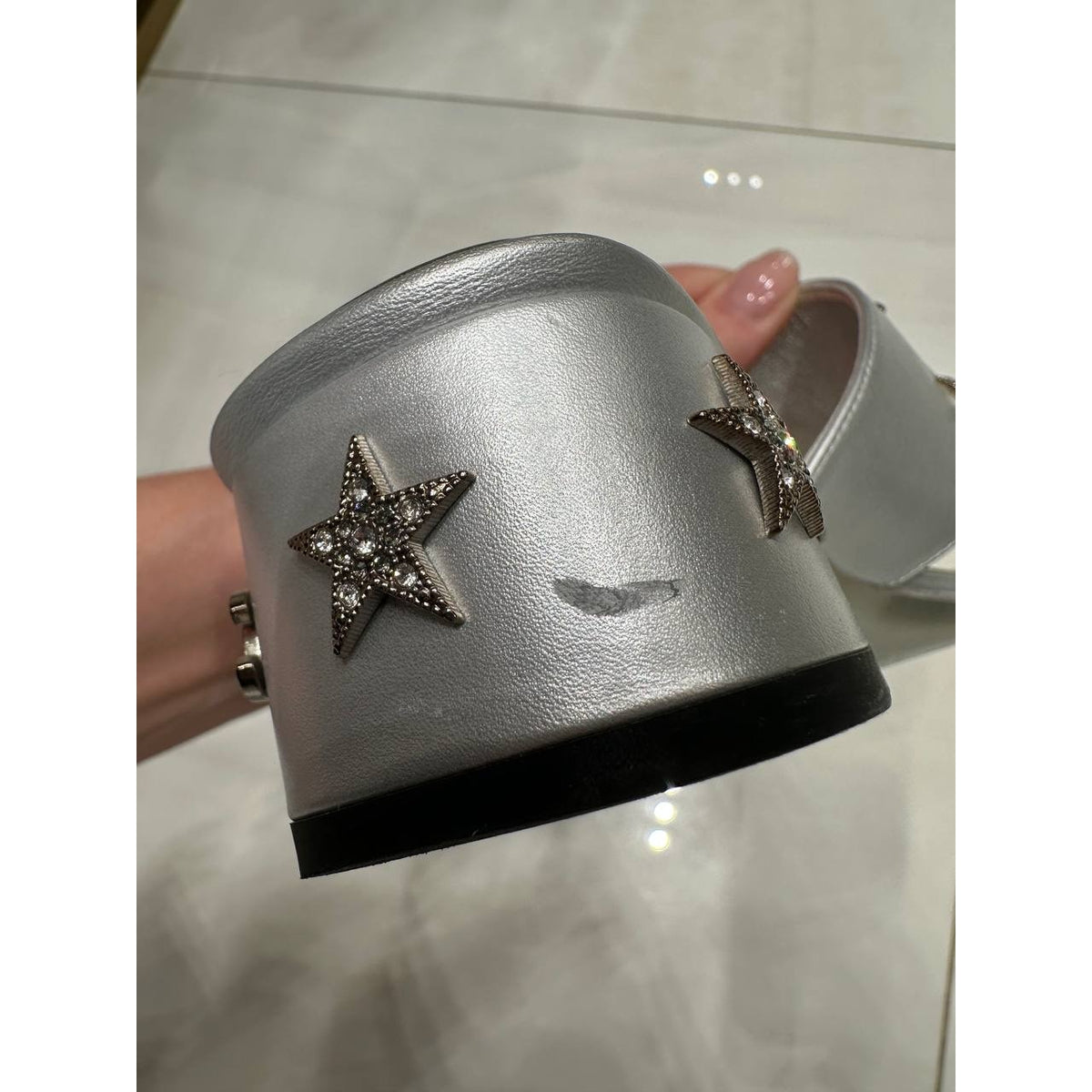 Chanel Silver Leather Star Crystal Mule Sandals EU 39 Pre-owned