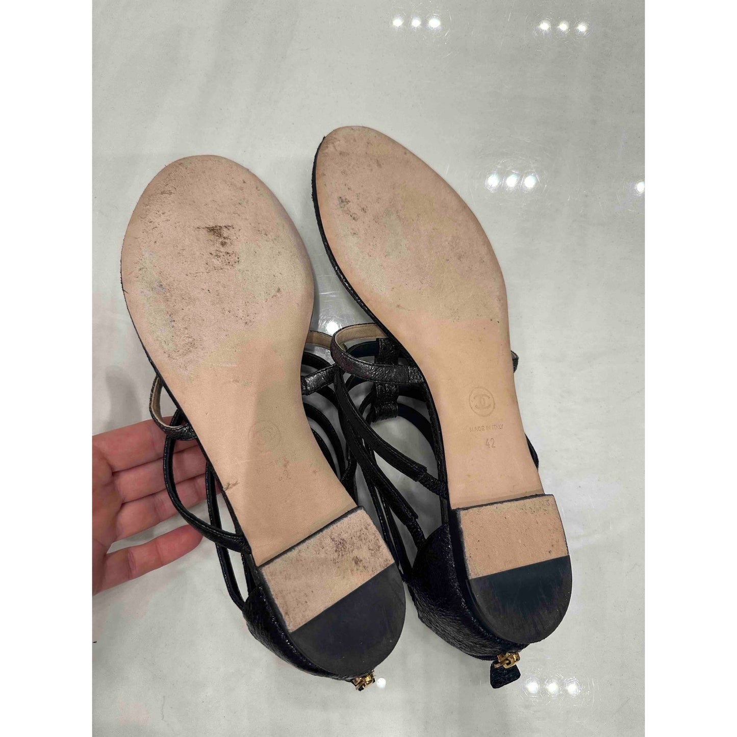 CHANEL T-Strap Metallic Gunmetal Zip Sandals Size 42 pre-owned