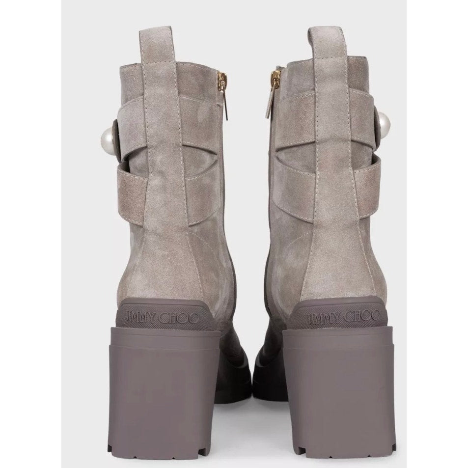NWB Jimmy Choo Noemi Gray Suede Lace-Up Boots Gold Hardware Sz.37.5 pre-owned