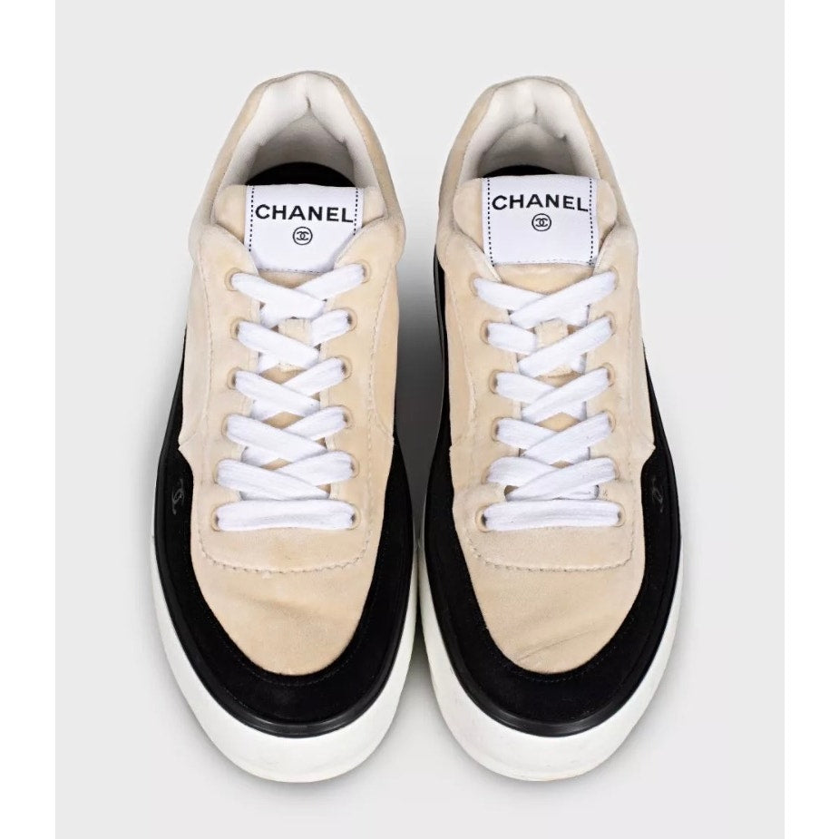 Chanel Beige Velvet Lace-Up Sneakers - Size 41 Pre-owned