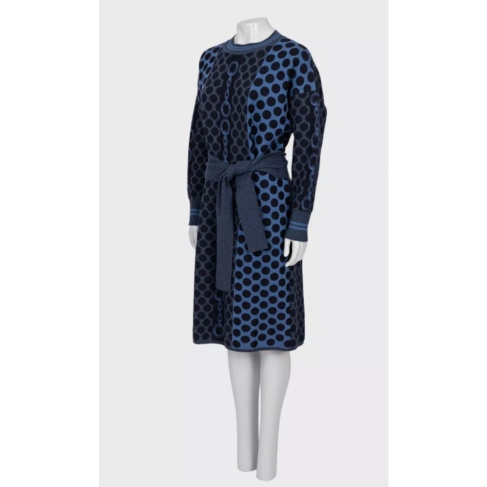 NWOT Hermès Navy Blue Wool Polka Dot Oversized Dress EU 34 XS pre-owned