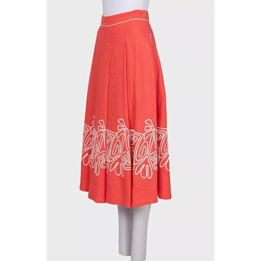 NWOT Loro Piana Red Linen Embroidered Skirt - Sz S IT40 Pre-owned