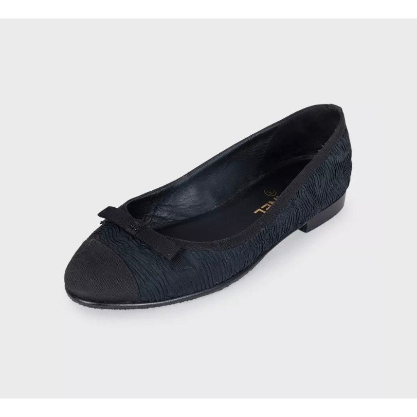 Chanel Black Textile Ballerina Flats with Bows, Size 38.5 Pre-owned
