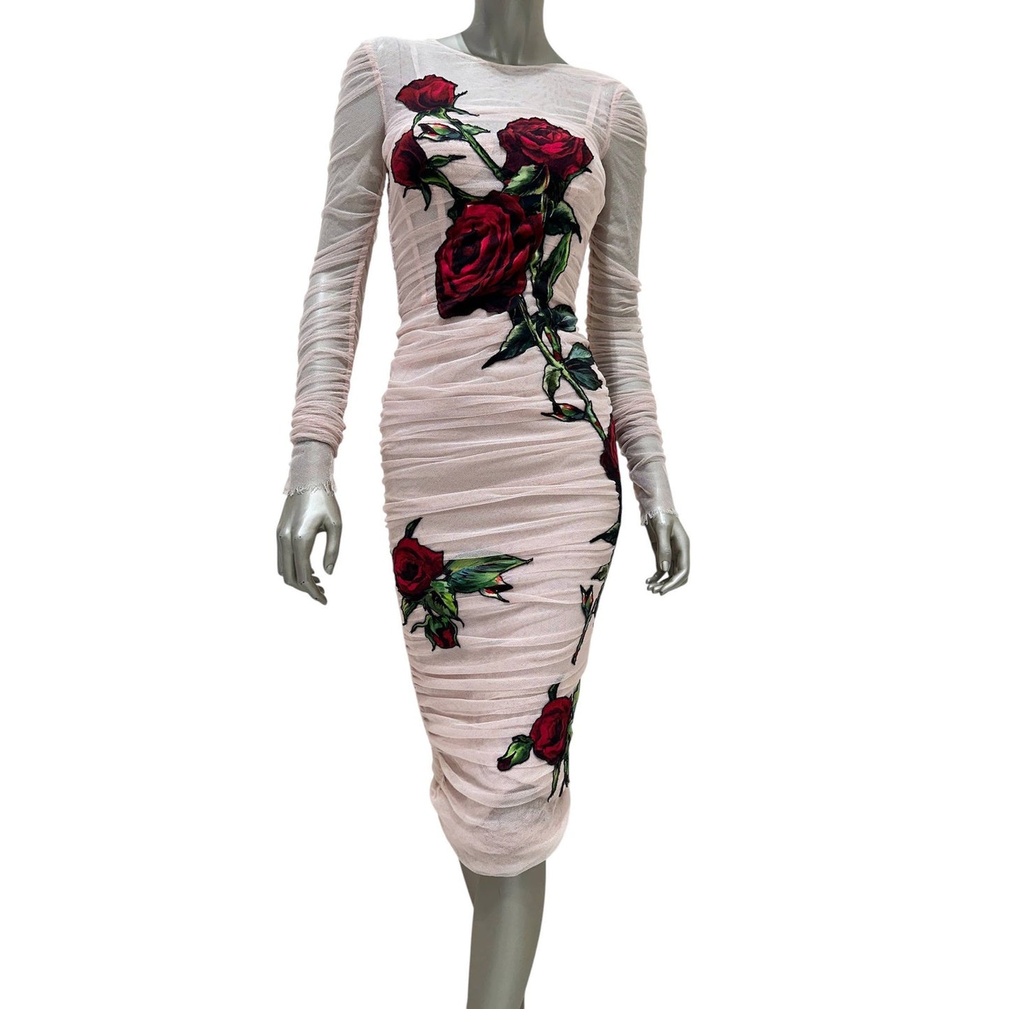 Dolce & Gabbana Ruched Tulle Evening Dress with Rose Appliqué Sz.38 Pre-owned