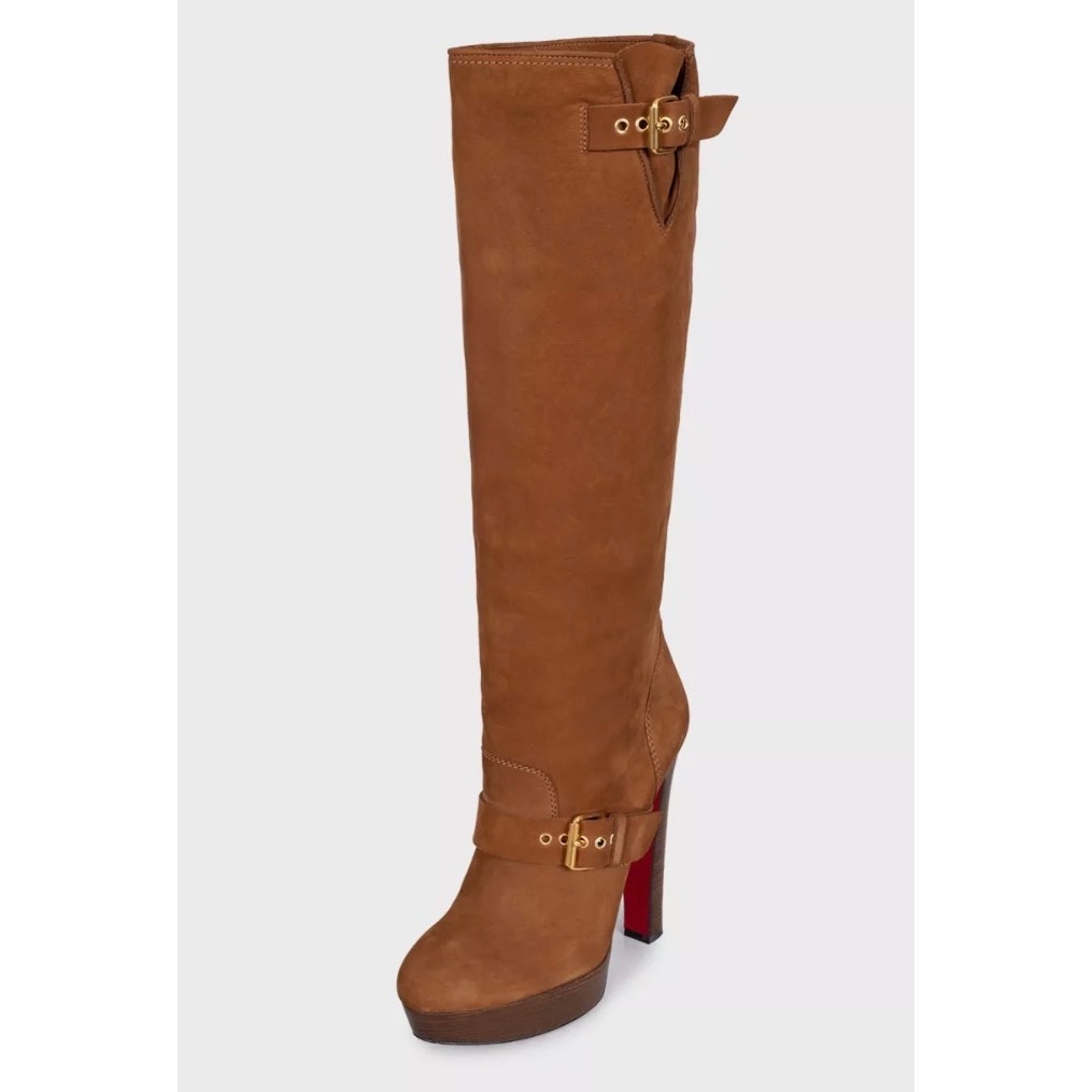 Christian Louboutin Brown Suede Boots with Gold Buckles Sz.39.5 Pre-owned