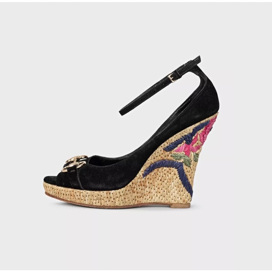 Gucci Black Suede Horsebit Wedge Sandals EU 37.5 Pre-owned
