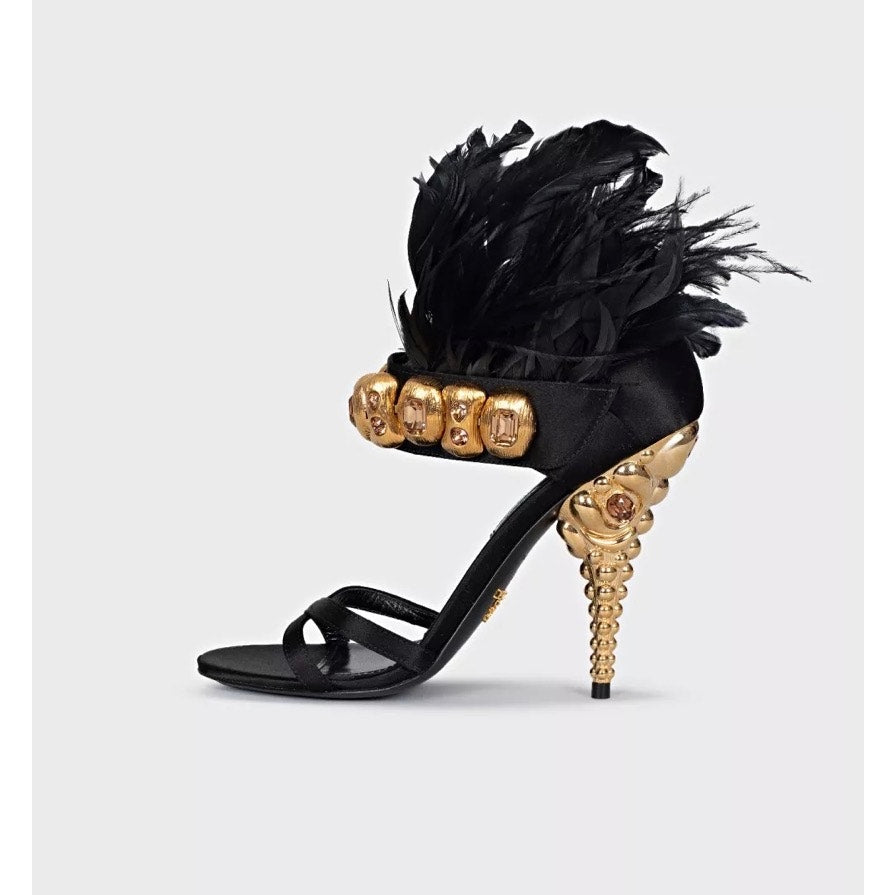 Prada Black Feather-Trim Crystal Embellished Sandals, Size 38 pre-owned