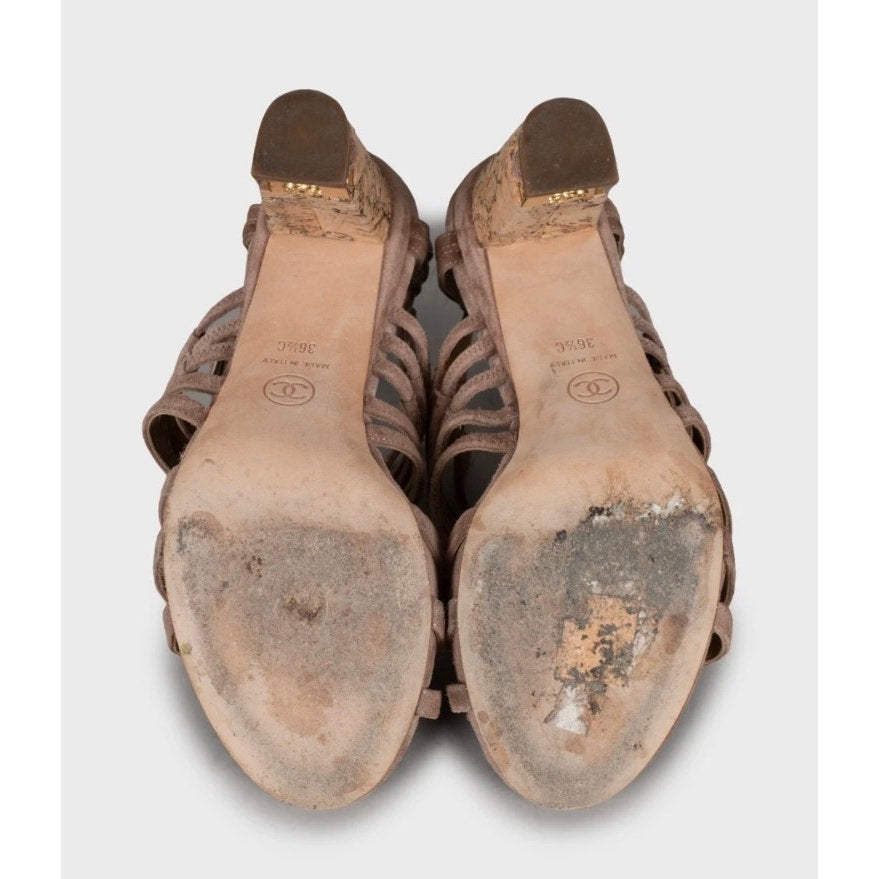 Chanel Brown Suede Block Heel Sandals Sz 36.5 pre-owned