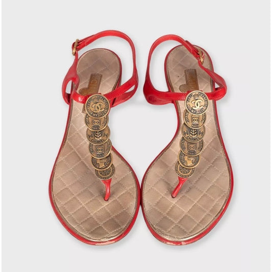 Chanel Red Leather Block Heel Open Toe Sandals Size 38 pre-owned