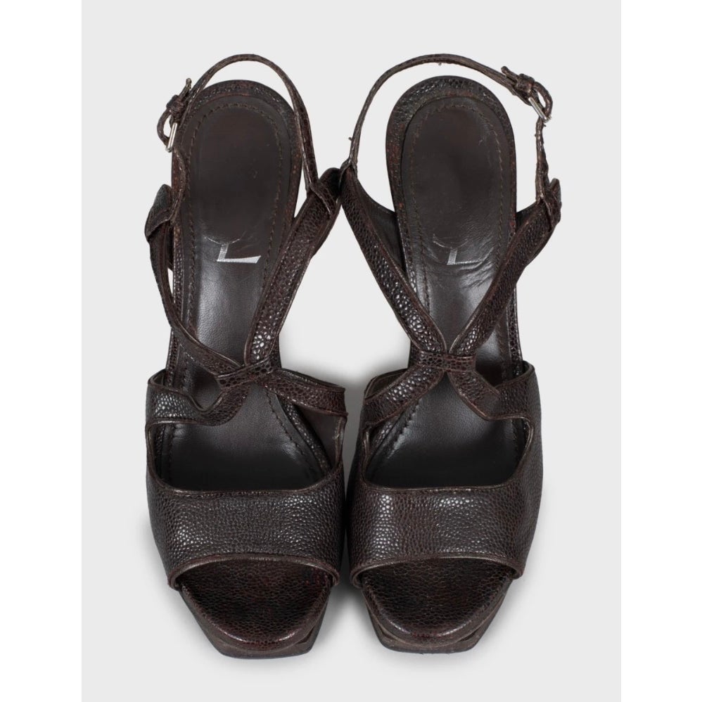 Vintage Saint Laurent Brown Embossed Leather Wedge Sandals Sz.37 Pre-owned