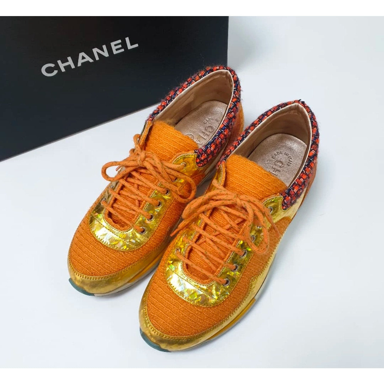 CHANEL orange & gold 14K SUPERMARKET TWEED Sneakers pre-owned