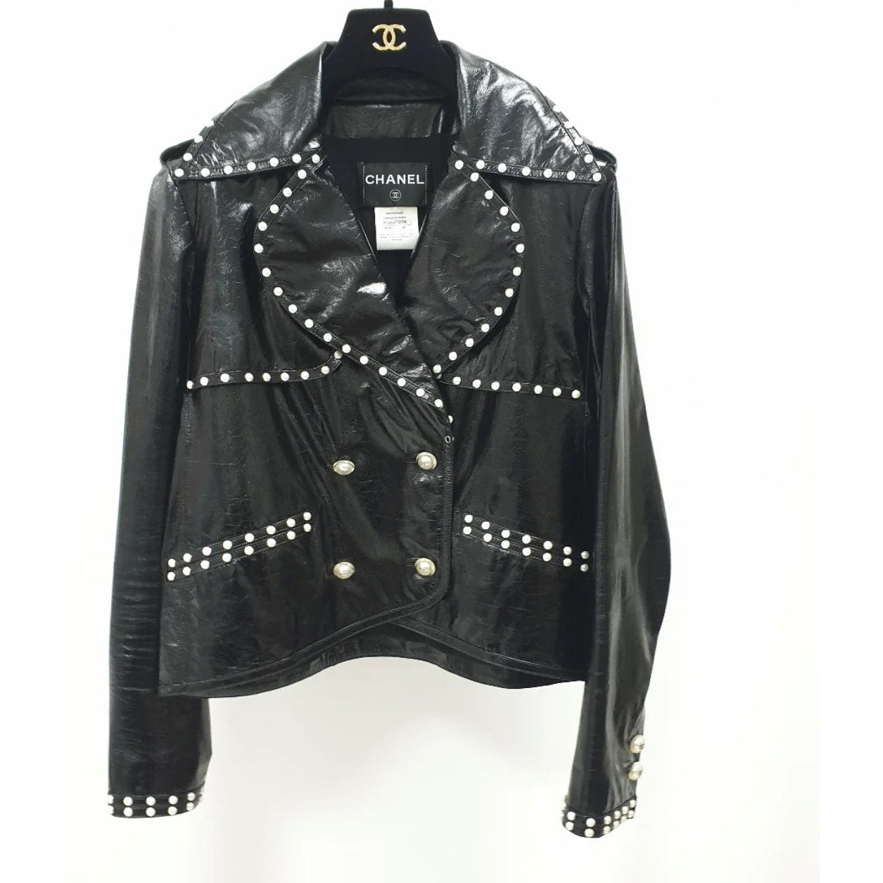 Chanel Black Leather Pearl Studded Jacket - Size 40 pre-owned