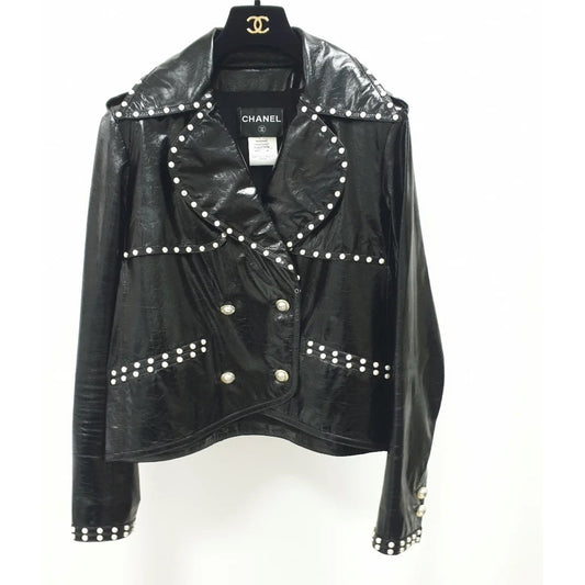 Chanel Black Leather Pearl Studded Jacket - Size 40 pre-owned