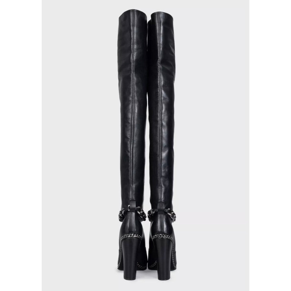 Balmain Black Leather Open-Toe Over-the-Knee Boots Sz.38 Pre-owned