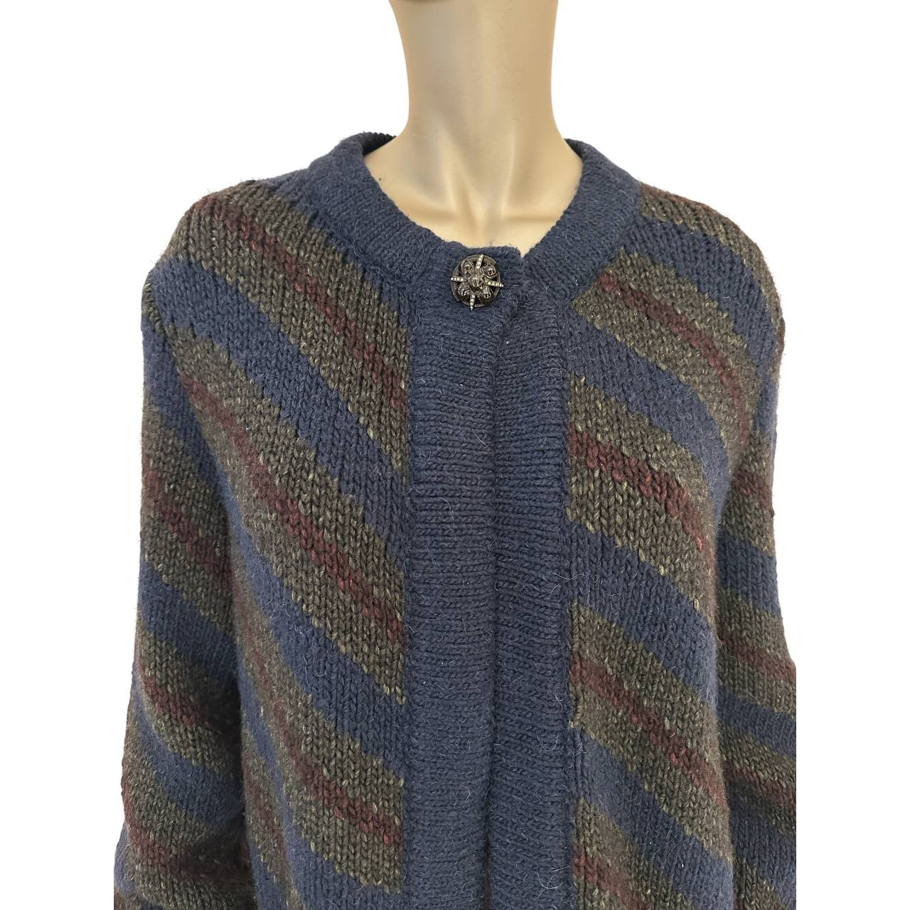 Chic CHANEL Navy Wool Alpaca Striped Chunky Cardigan Sz 34 Pre-owned