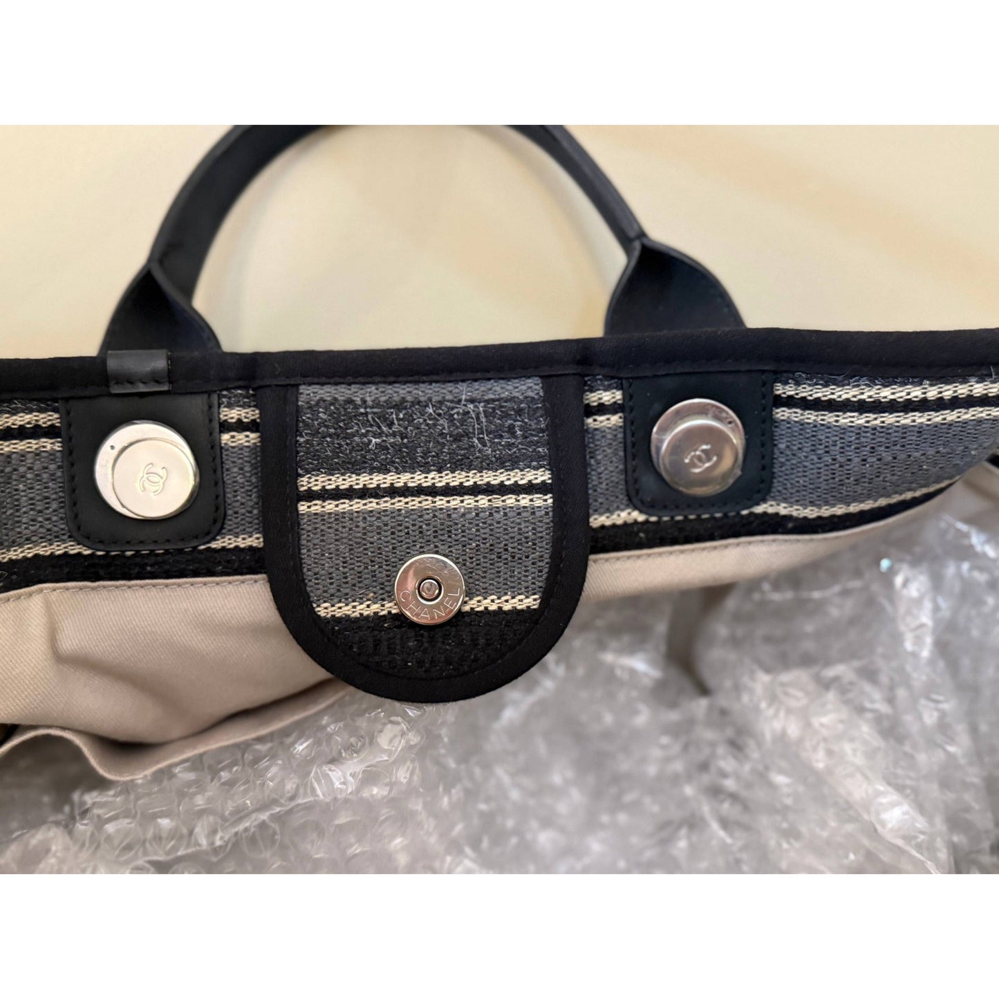 Chanel Deauville Striped Cloth Large Tote Bag Pre-owned