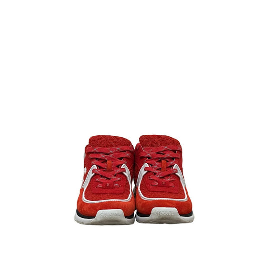 Chanel CC Logo Red Suede & Tweed Sneakers Size 39.5 Pre-owned