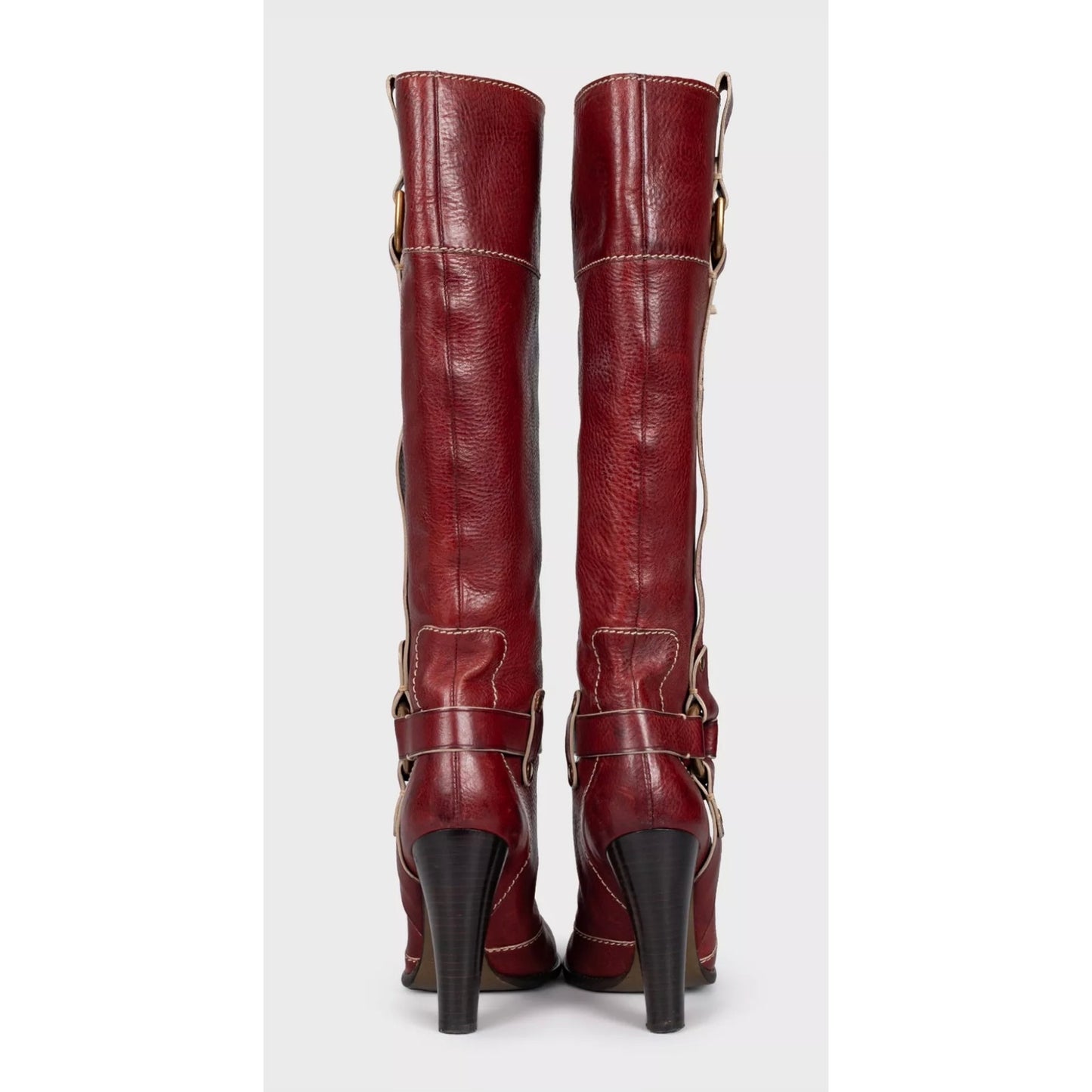 Dolce & Gabbana Red Leather Boots Round Toe Stacked Heel EU 37.5 Pre-owned