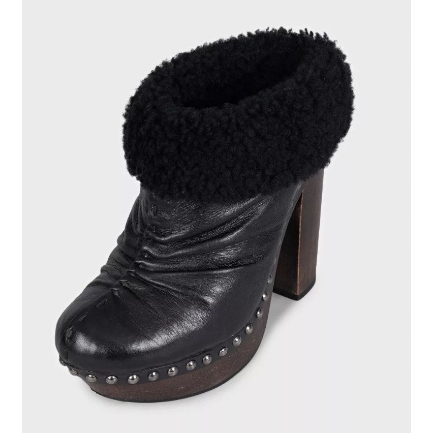 Miu Miu Black Leather Ankle Boots with Wooden Block Heel Size 36 Pre-owned