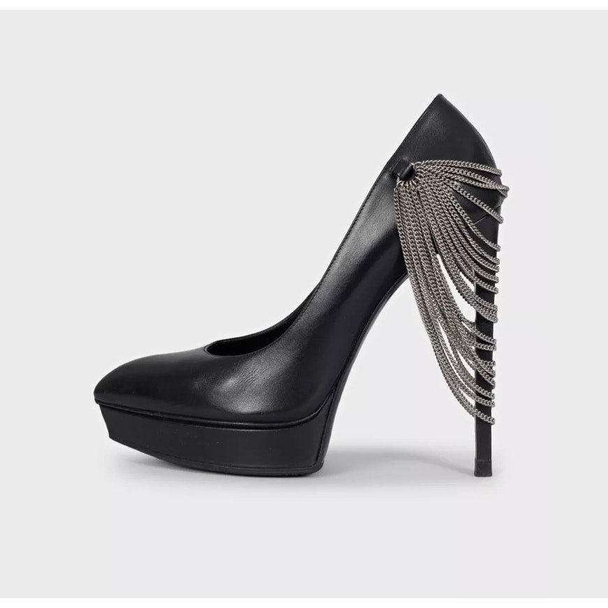 Saint Laurent Chain-Detail Black Leather Heels Sz.37 Pre-owned