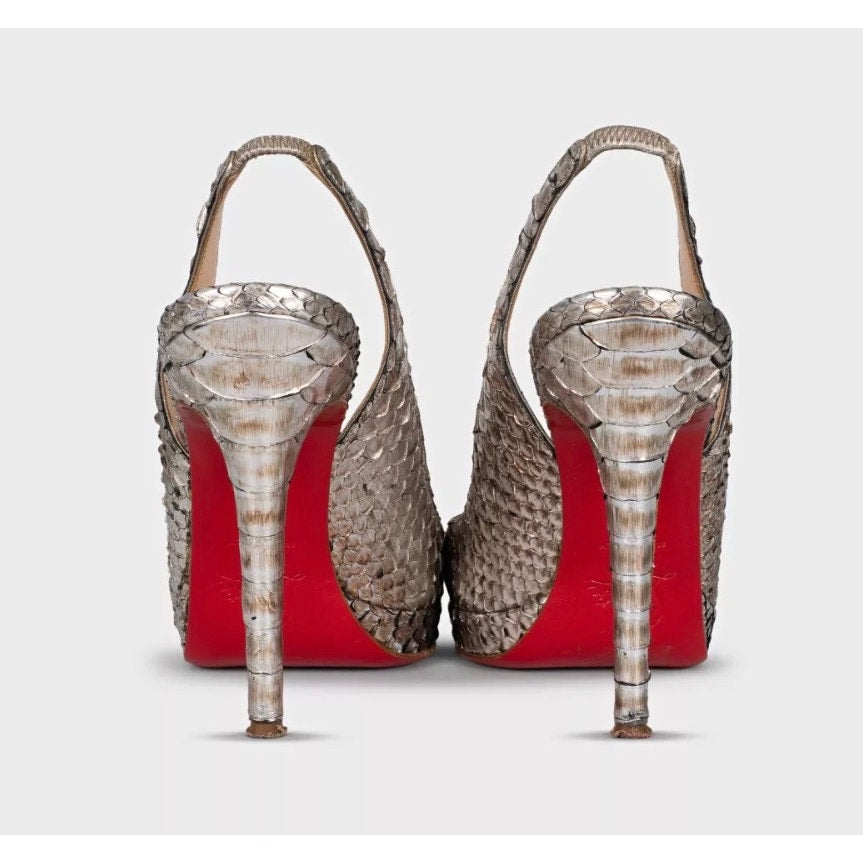 Christian Louboutin Silver Lambskin Slingback Heels Sz.37 pre-owned