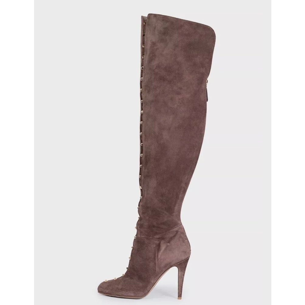 Valentino Brown Suede Over-the-Knee Boots Studded Gold Hardware EU 40 Pre-owned