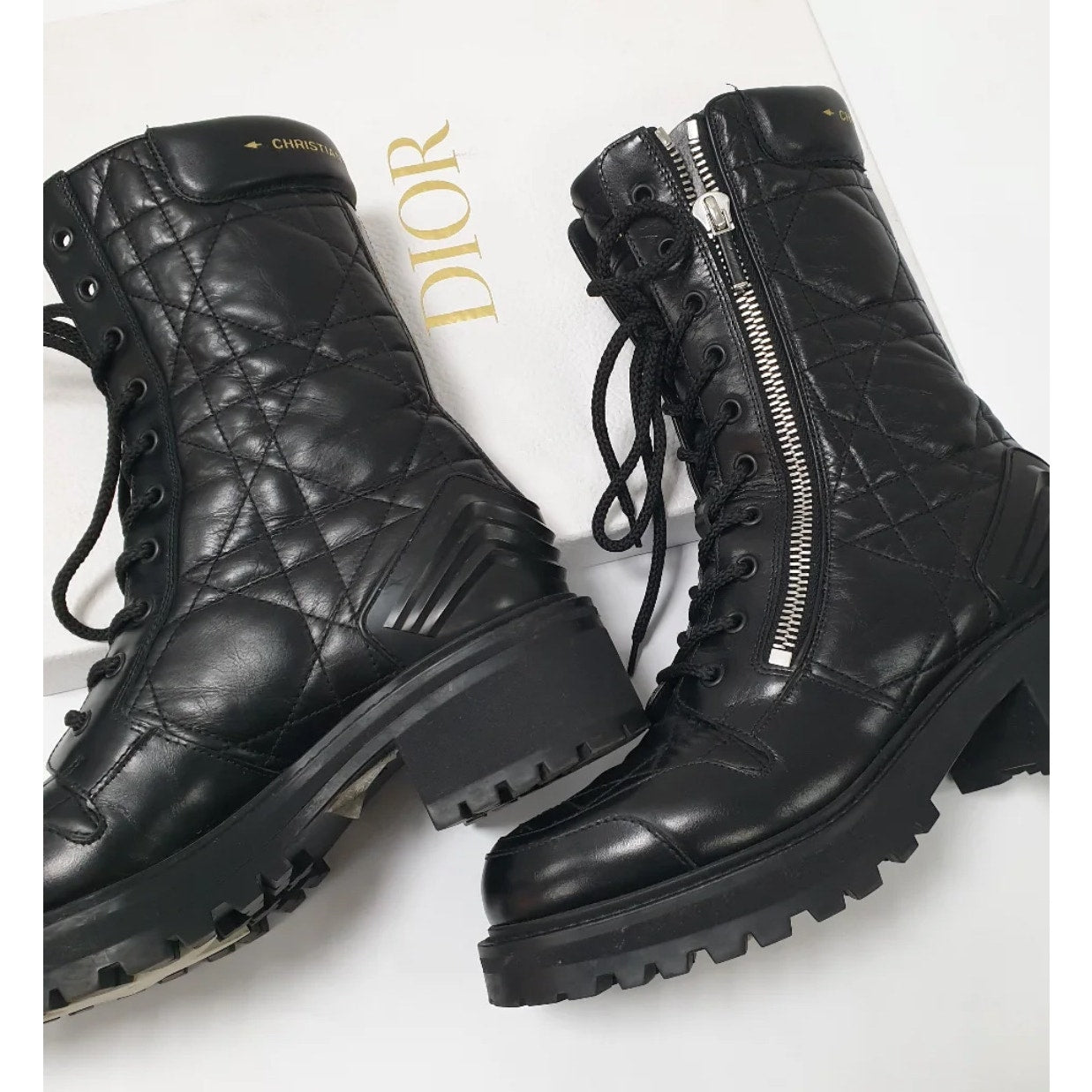 DIOR D-LEADER Cannage Quilted Leather Combat Boots - 39 Pre-owned