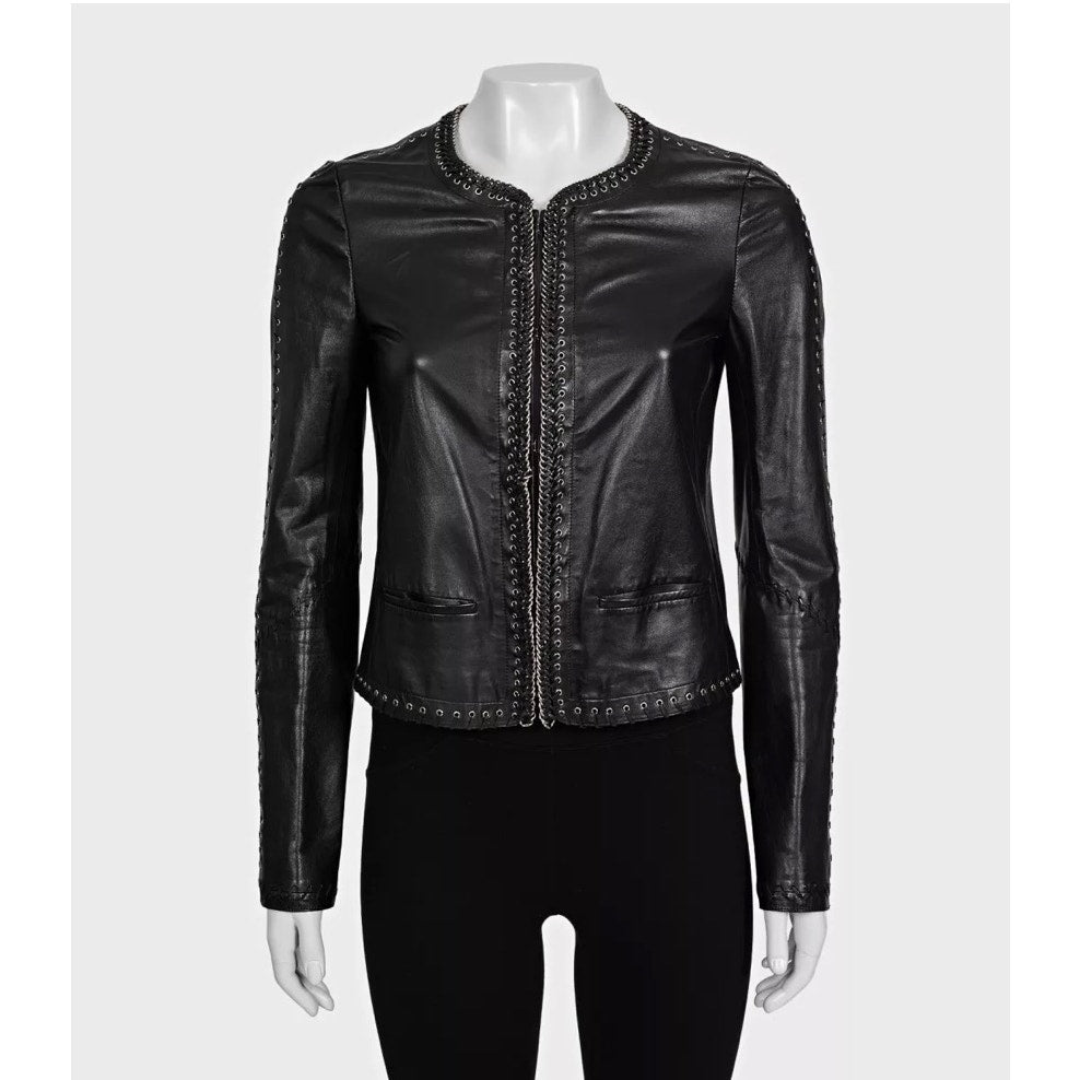 Roberto Cavalli Black Leather Lace-Up Cropped Jacket IT 42/M Pre-owned