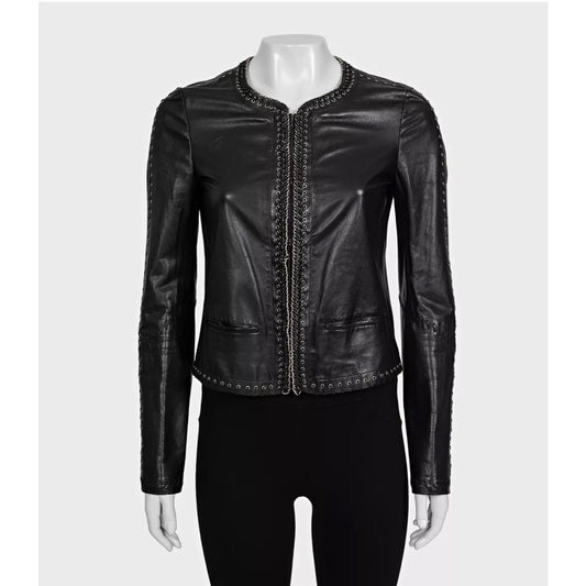 Roberto Cavalli Black Leather Lace-Up Cropped Jacket IT 42/M Pre-owned