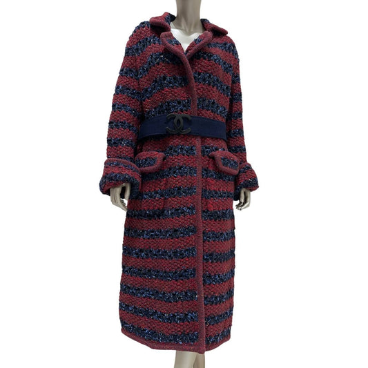 Chanel 2017 Bouclé Striped Coat with CC Buckle Sz.44 Pre-owned