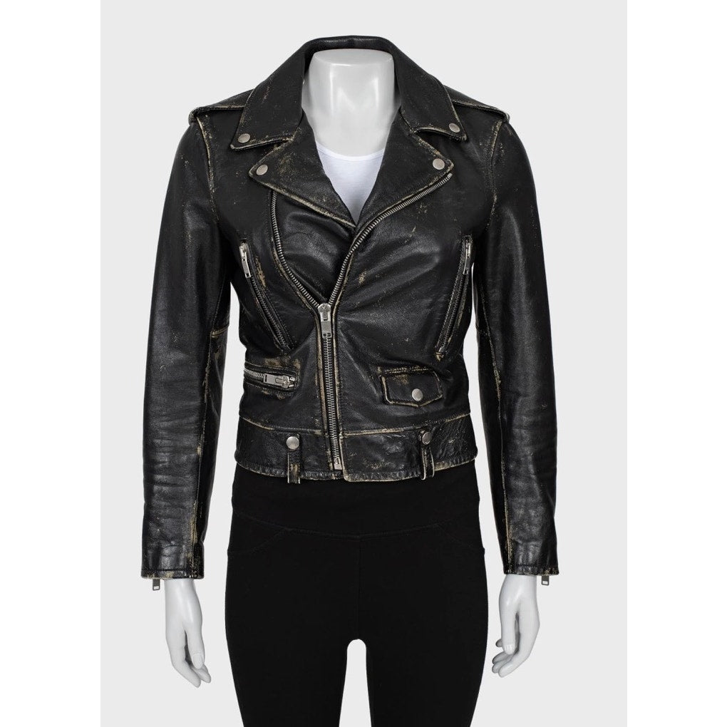 Saint Laurent Distressed Black Leather Jacket - Size 38/M Pre-owned