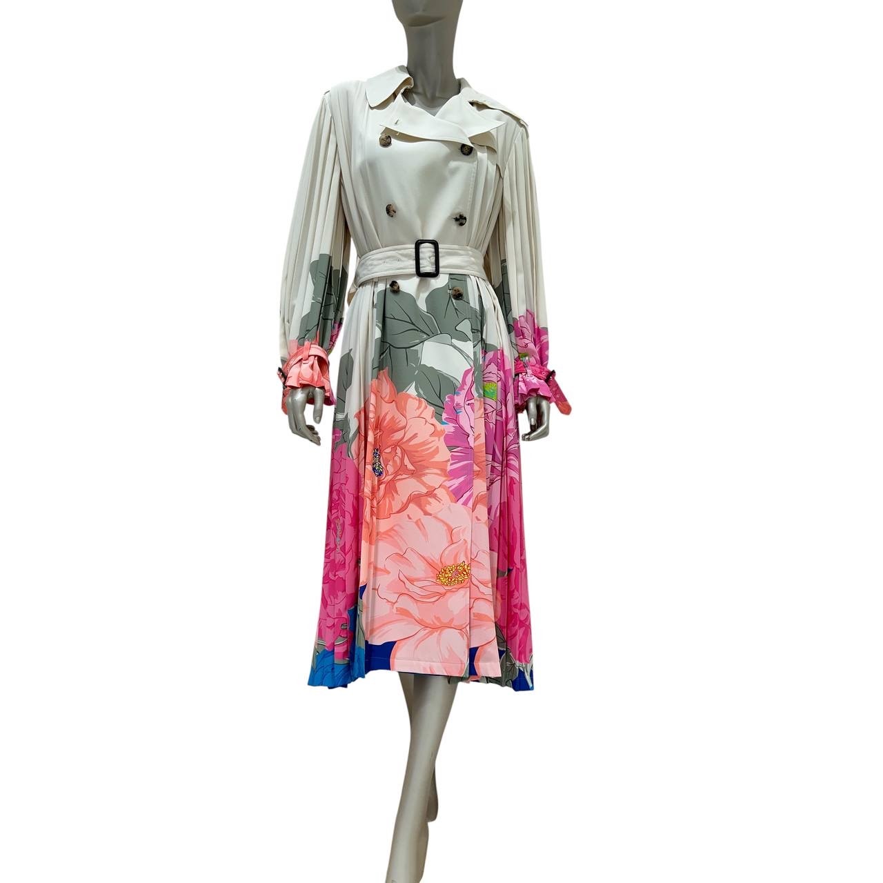 Valentino Camellia Silk Pleated Avorio & Fuchsia Trench Coat Sz.42 pre-owned