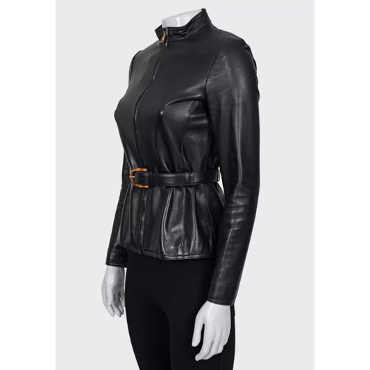 Gucci Black Leather Jacket with Belt Sz.38/XS Pre-owned