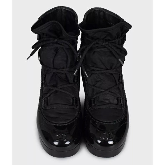 Chanel Black Lace-Up Textile Rubber Boots Size 38 pre-owned