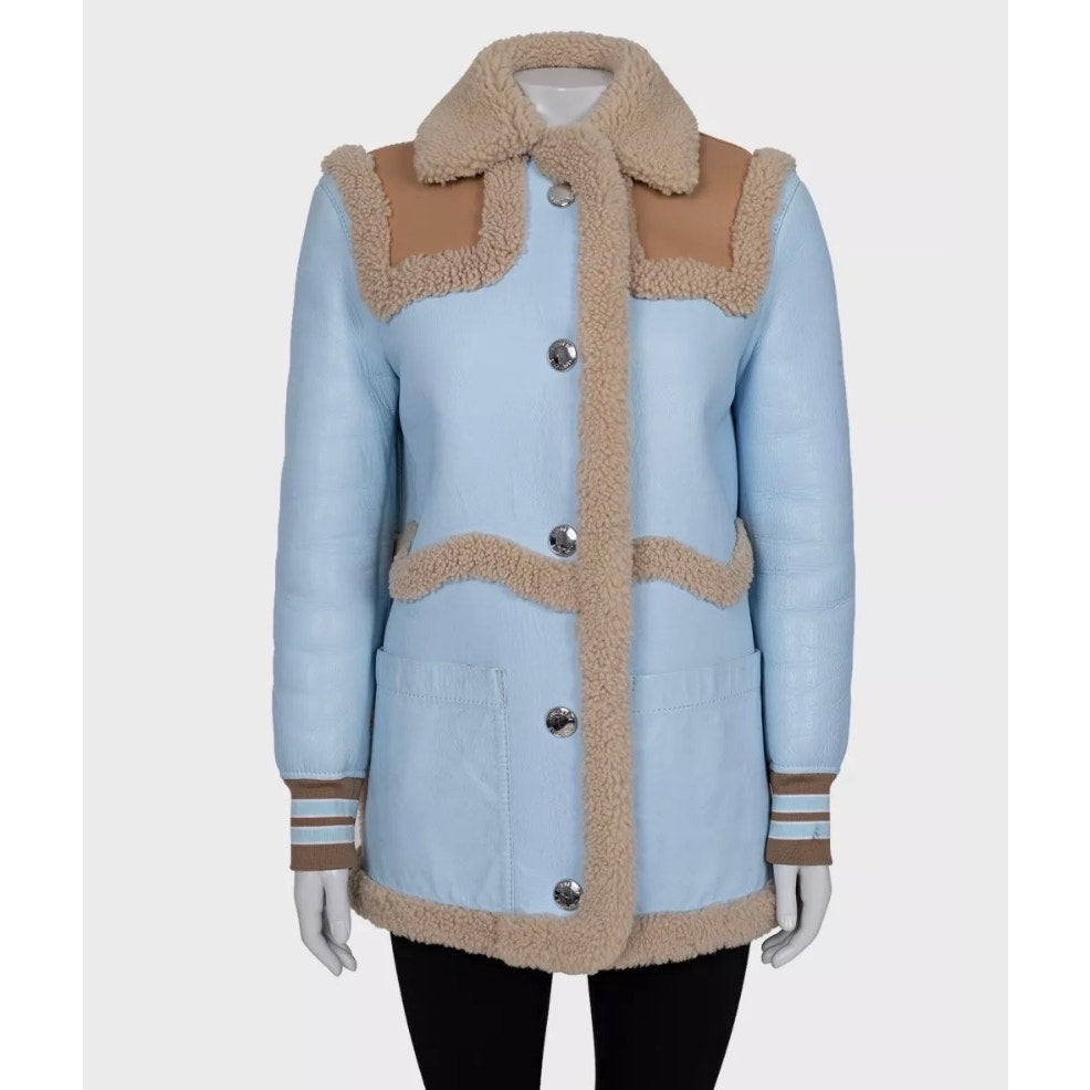 Burberry Blue Sheepskin Leather Coat UK4 XXS Pre-owned