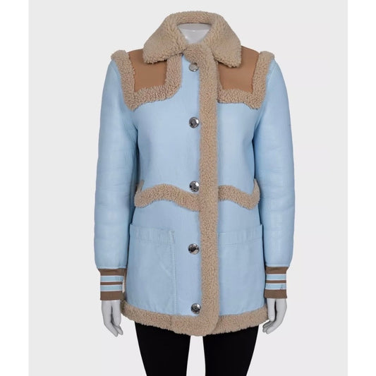 Burberry Blue Sheepskin Leather Coat UK4 XXS Pre-owned