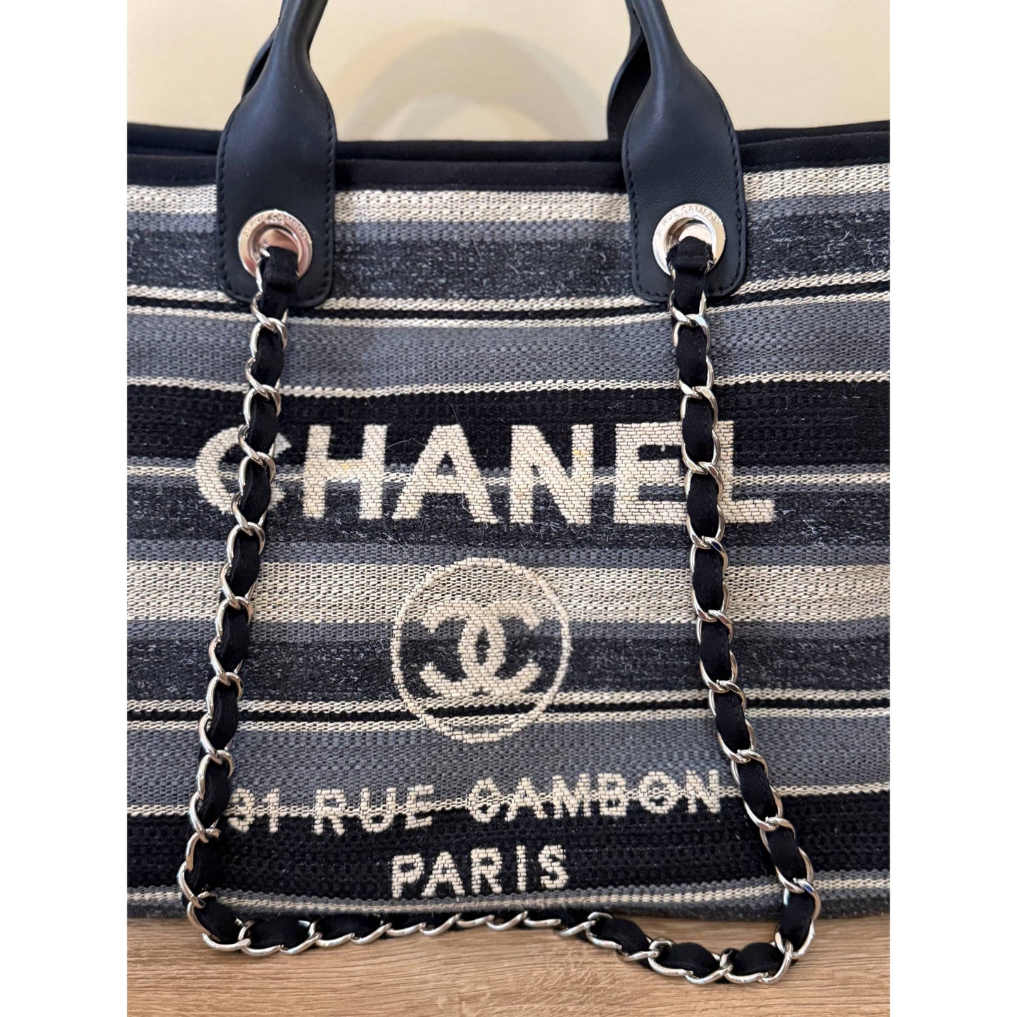 Chanel Deauville Striped Cloth Large Tote Bag Pre-owned
