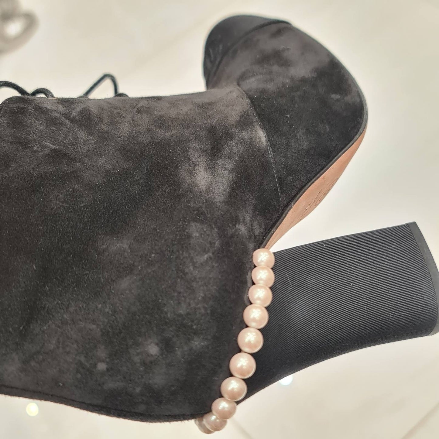 Chanel Black Suede Lace Up Pearls Booties - Size 38.5 Pre-owned