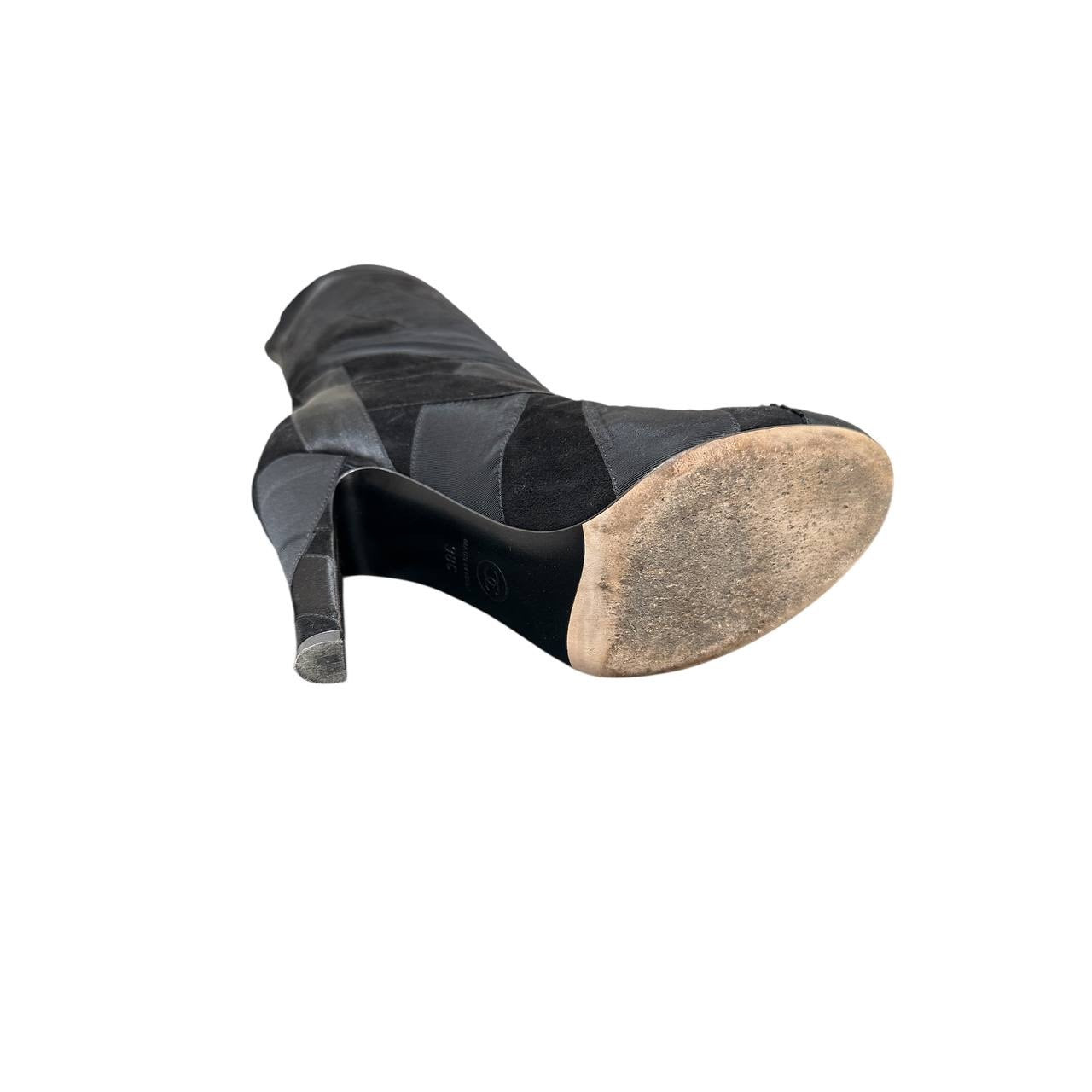 CHANEL Black Suede & Ribbon Patchwork Over Knee Boots Sz.38 Pre-owned