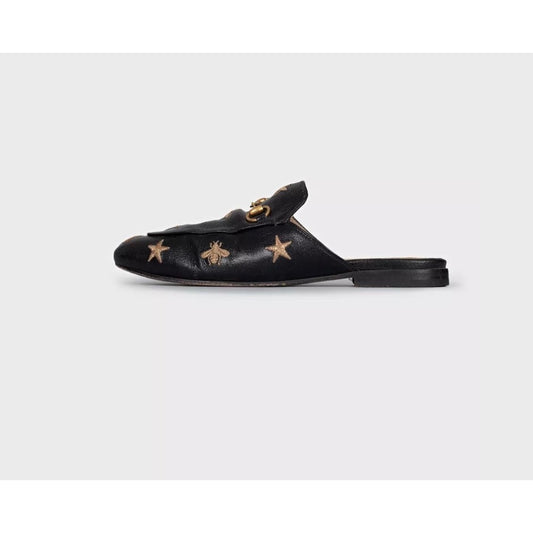 Gucci Black Embroidered Leather Mules - Size 38 Pre-owned
