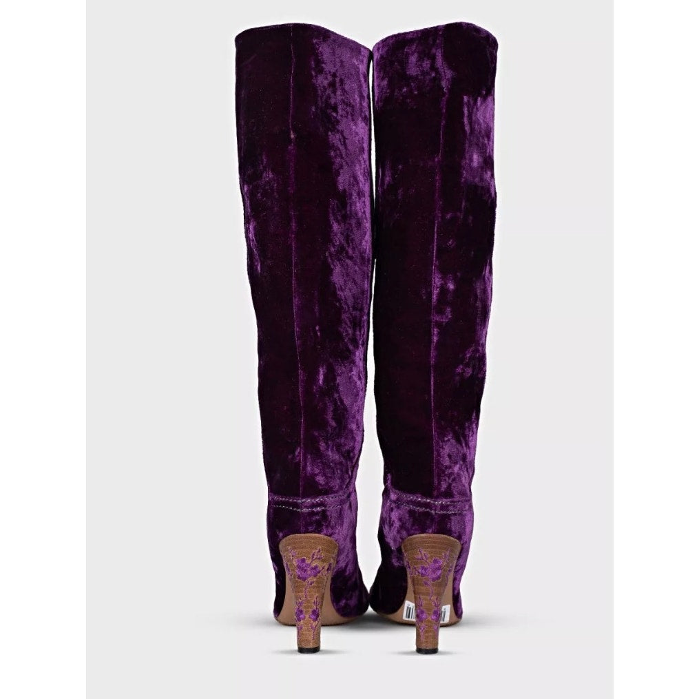 Bottega Veneta Purple Velvet Boots Block Heel Sz 37.5 Pre-owned