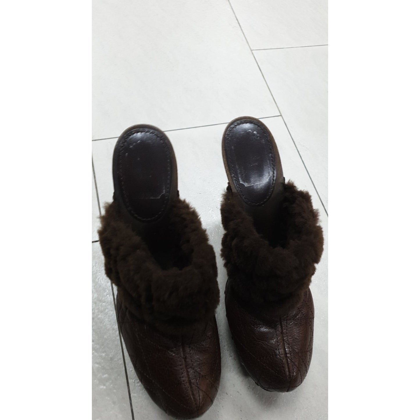 Christian Dior Vintage Quilted Leather Shearling Mules Sz.40.5 Pre-owned